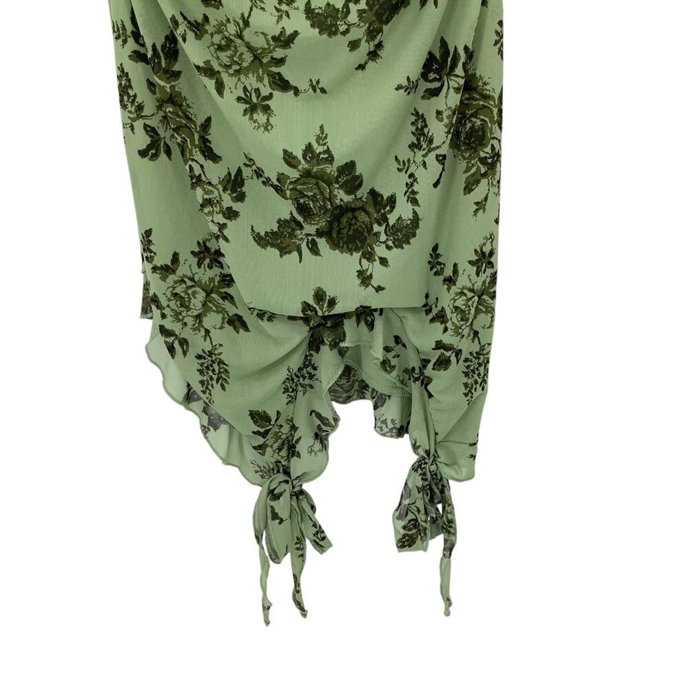Almost Famous Women's Green Floral Slip Dress L Ruched Tie Hem Y2K - Picture 2 of 7